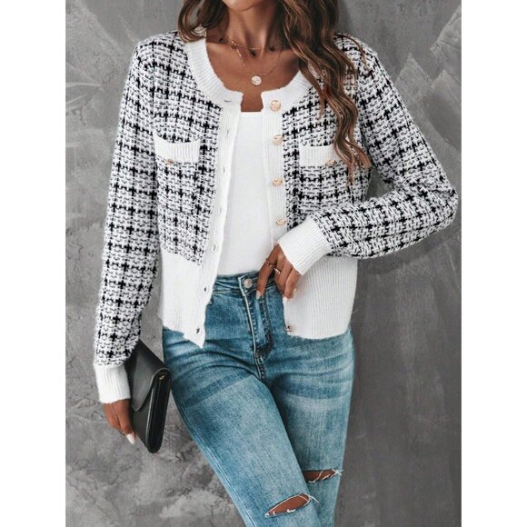 WILA Sweaters - Black white Tweed Cropped Cardigan White Trim Minimalist Preppy Layering